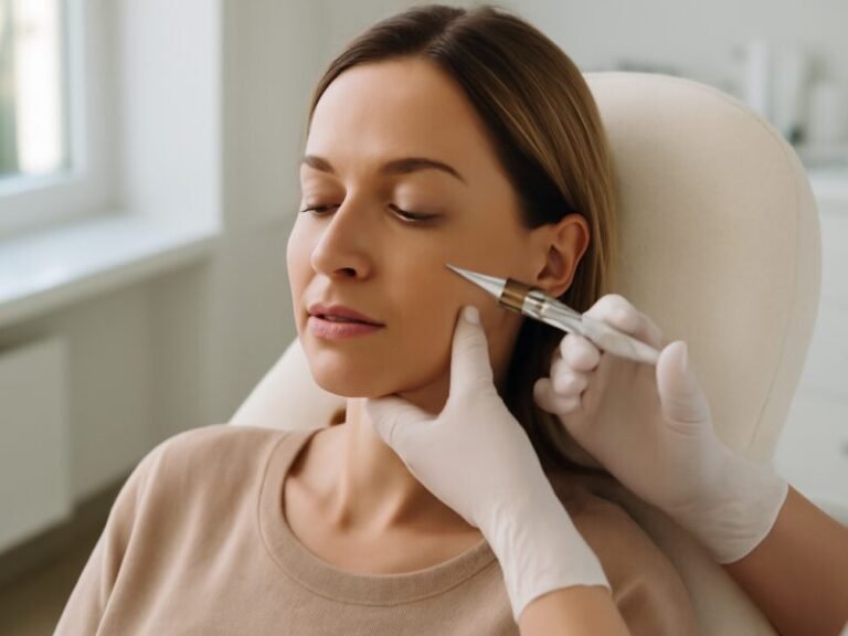 rosto feminino recebendo preenchimento facial com ácido hialurônico em Americana para harmonia natural