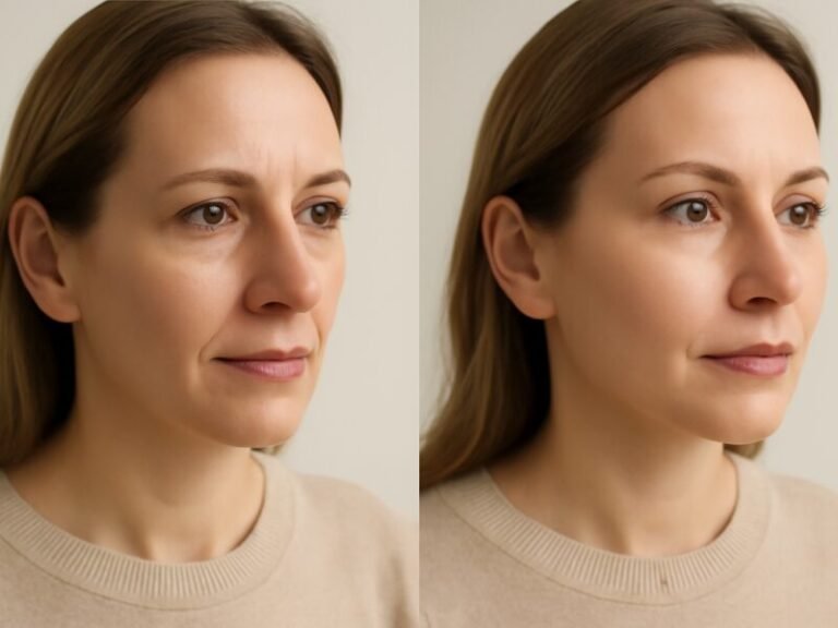 antes e depois do preenchimento de malar em americana mostrando volume nas maçãs do rosto e olhar elevado