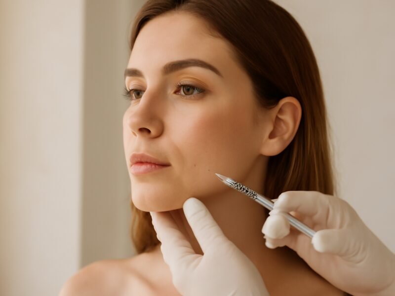 Rosto feminino recebendo preenchimento de mandibula em Americana para contorno natural sem efeito plastico