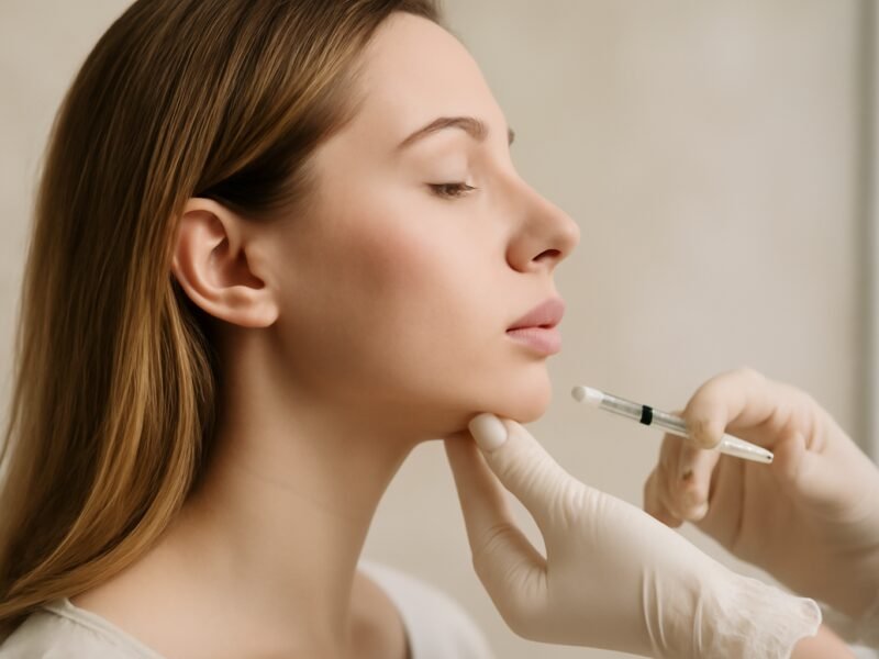 Mulher analisando perfil antes e depois do preenchimento de queixo em Americana